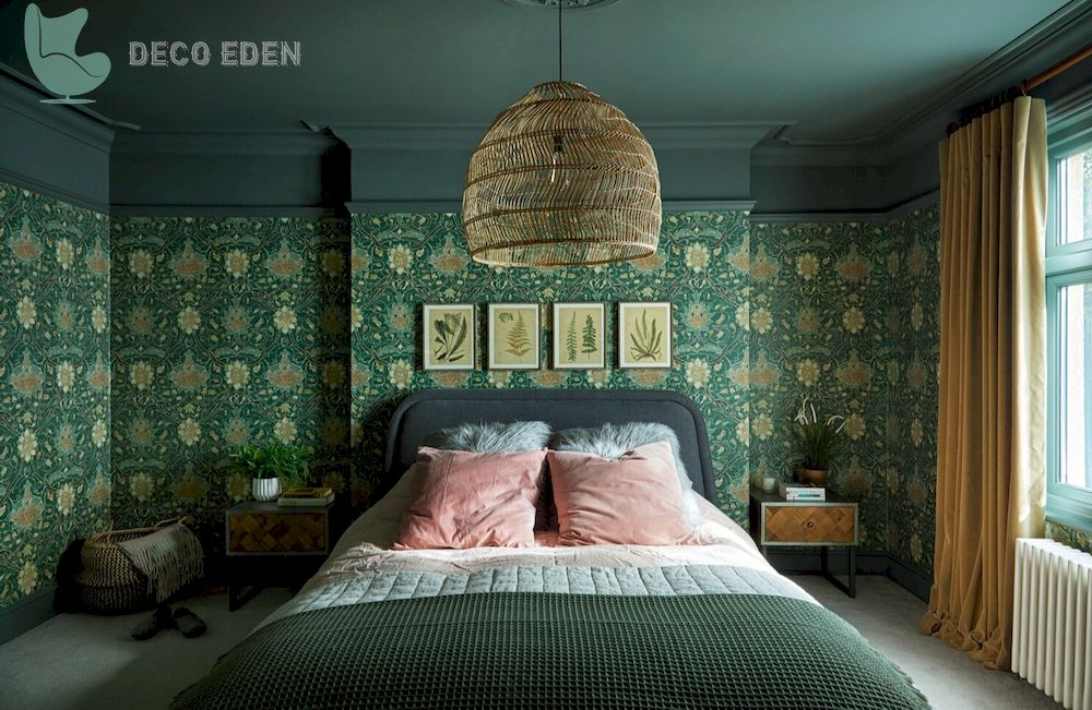 bedroom with a patterned green wallpaper final