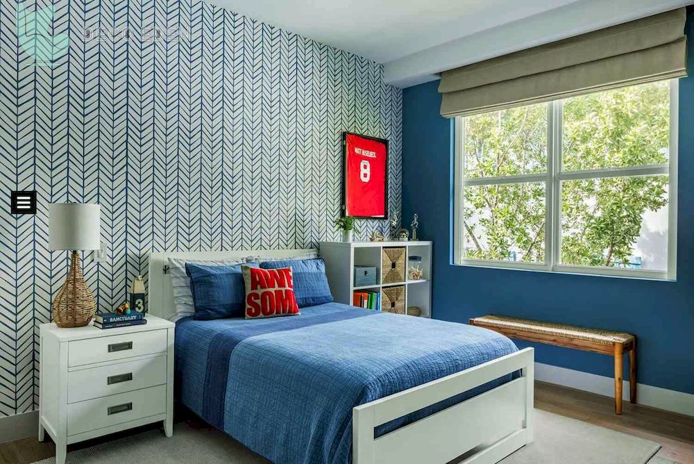 Dormitorio de niños con papel de pared estampado