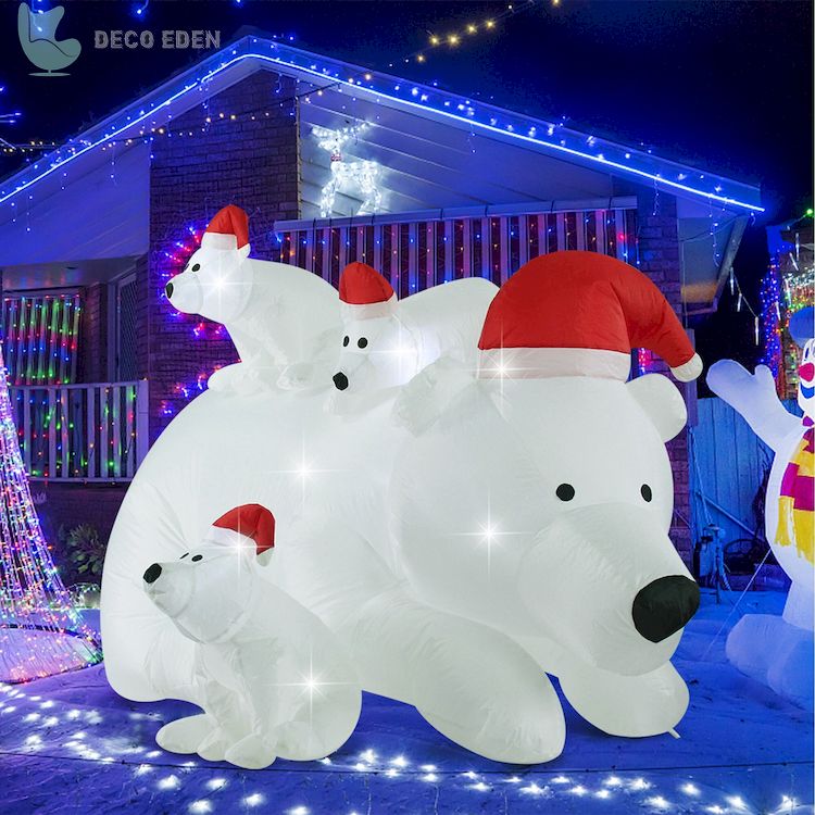 Oso polar blanco inflable navideño con 3 cachorros en gorro de Papá Noel