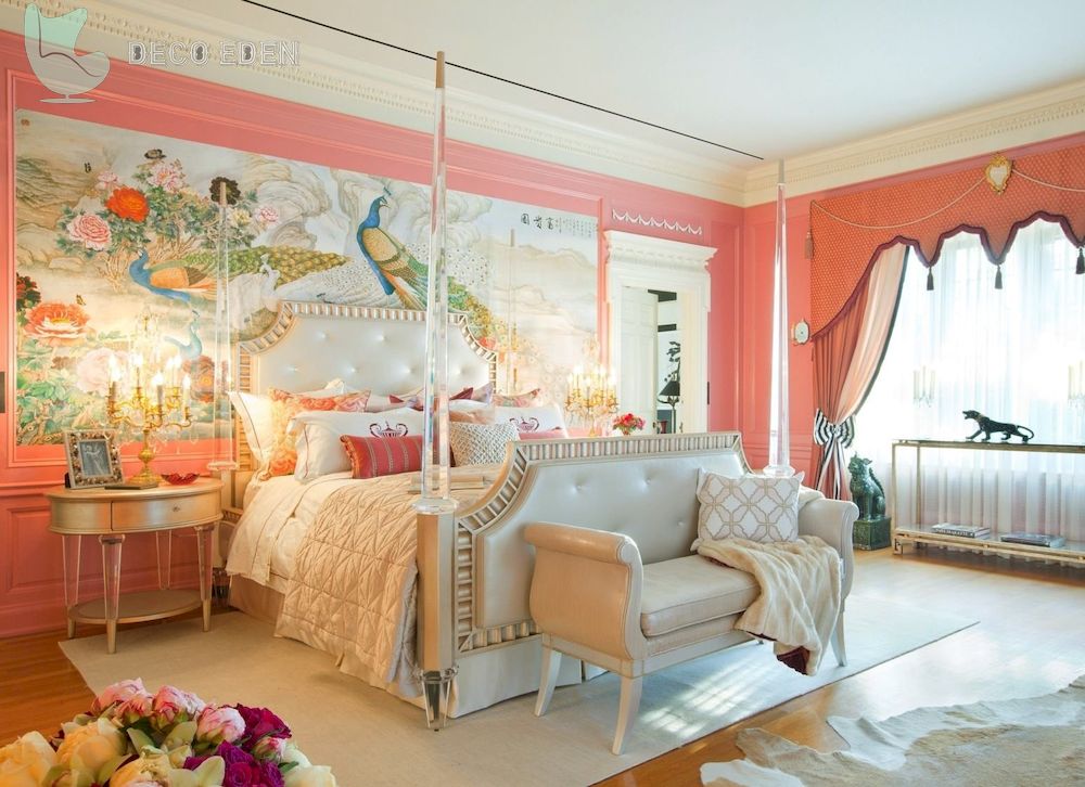 Dormitorio colorido con mural grande