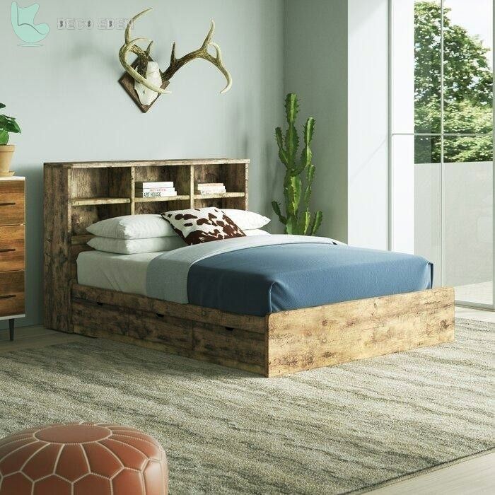 Cama con plataforma de almacenamiento de madera envejecida