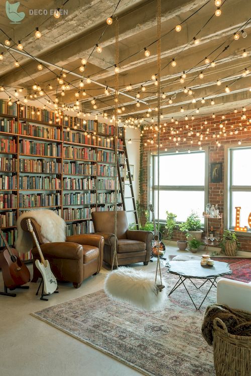 eclectic room with multiple string lights final