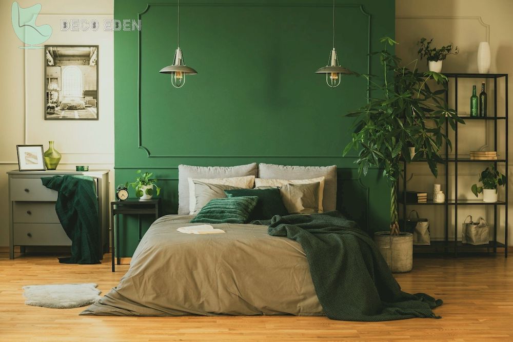 Diseño de dormitorio gris y verde