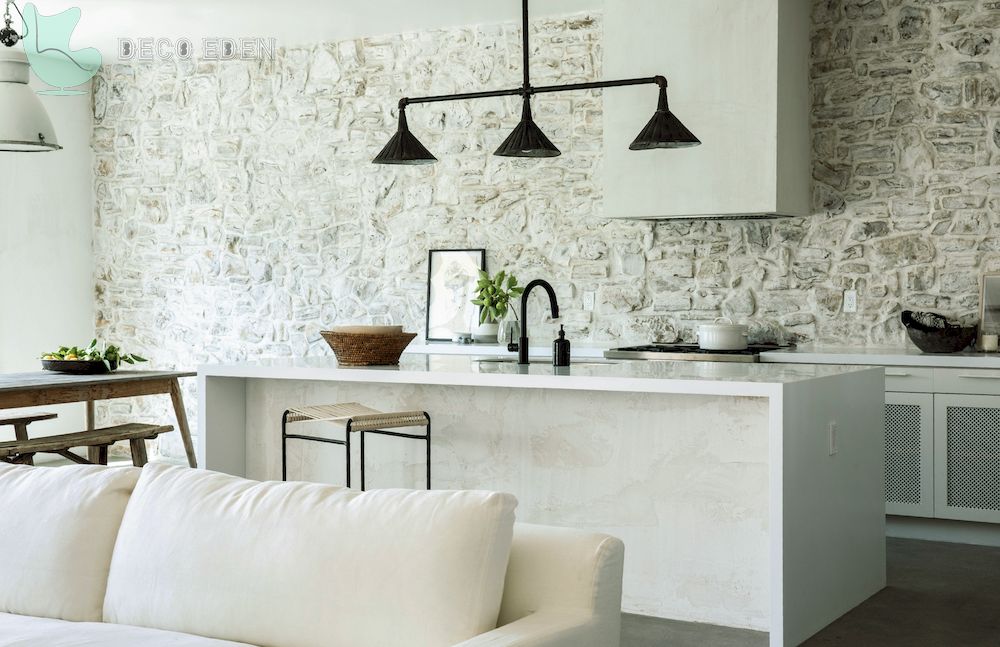 Cocina Con Pared De Piedra Blanca Natural