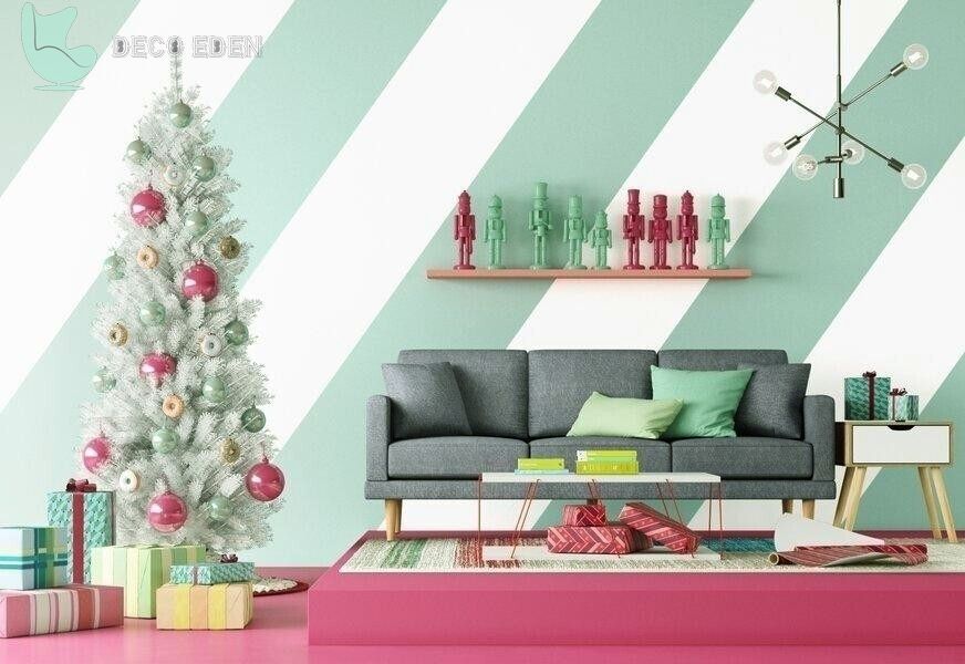 Sala de estar moderna de mediados de siglo para Navidad