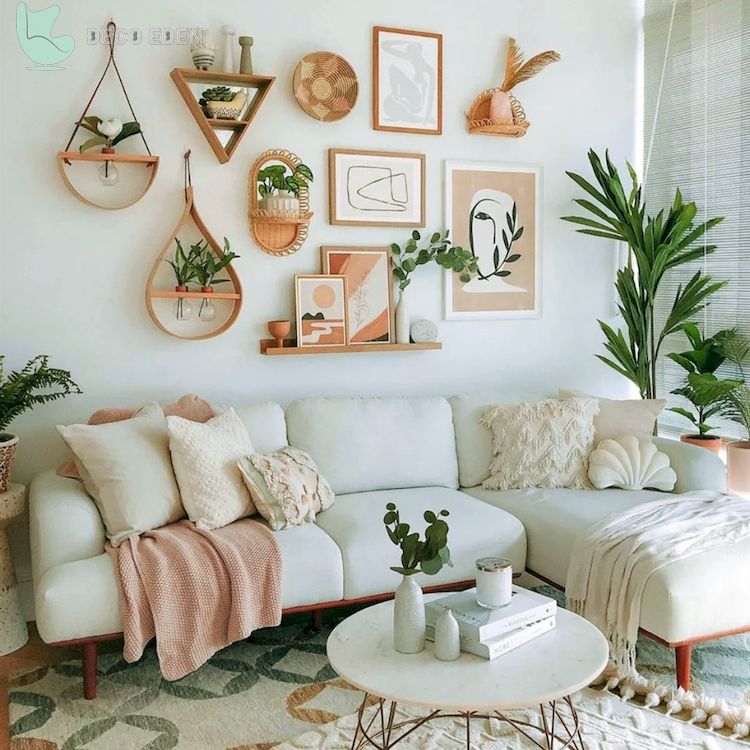 Habitación boho moderna con tonos blancos y rosas.