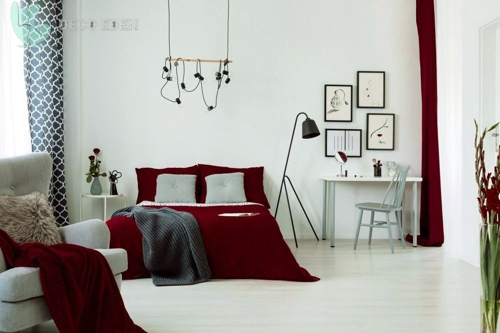 Diseño de dormitorio rojo y gris