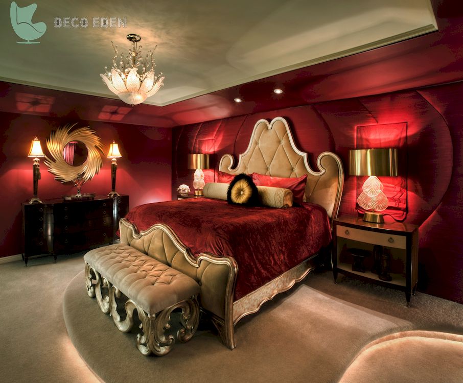 Romántica habitación roja con ropa de cama de terciopelo