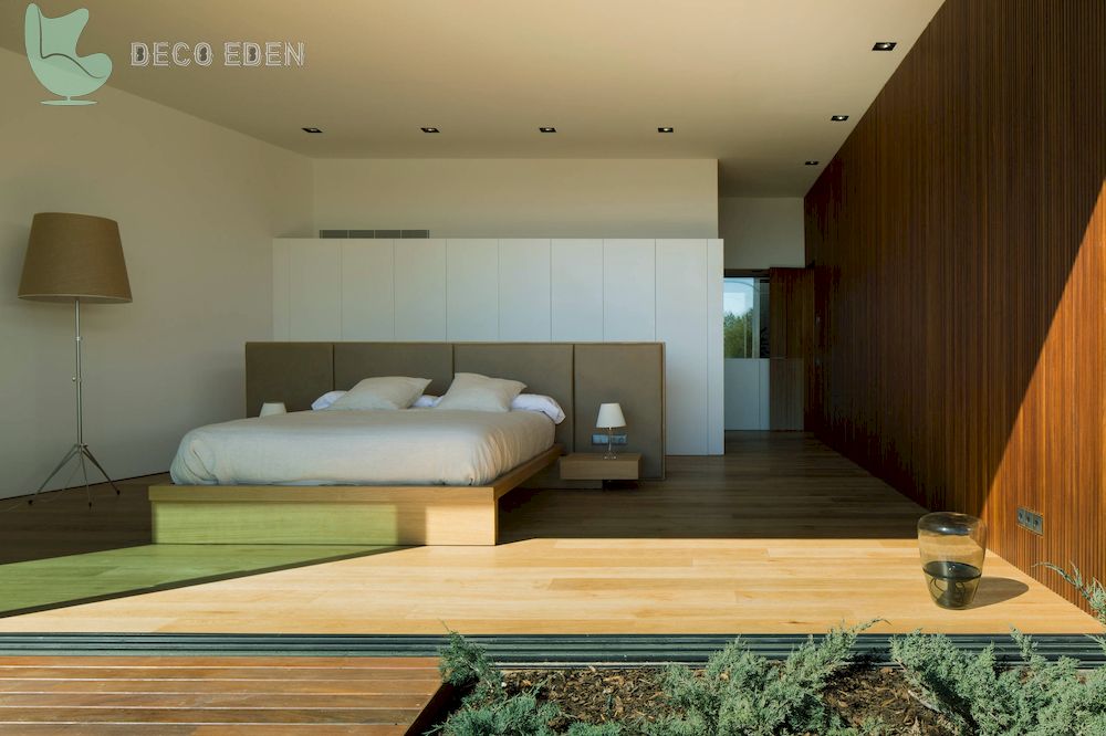 spacious japandi bedroom with wooden elements final