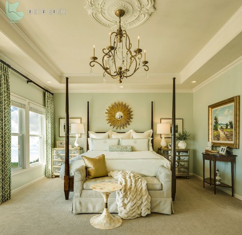 Dormitorio elegante con detalles decorativos en bronce
