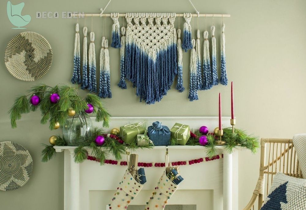 Salón Boho Blanco y Azul para Navidad