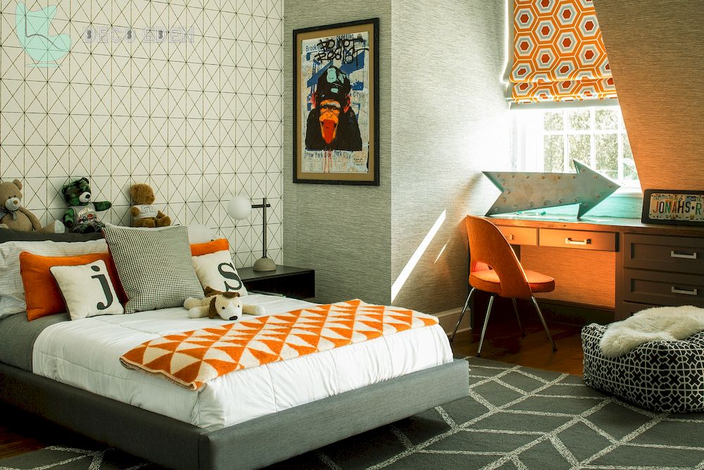 Idea de habitación blanca, gris y naranja.