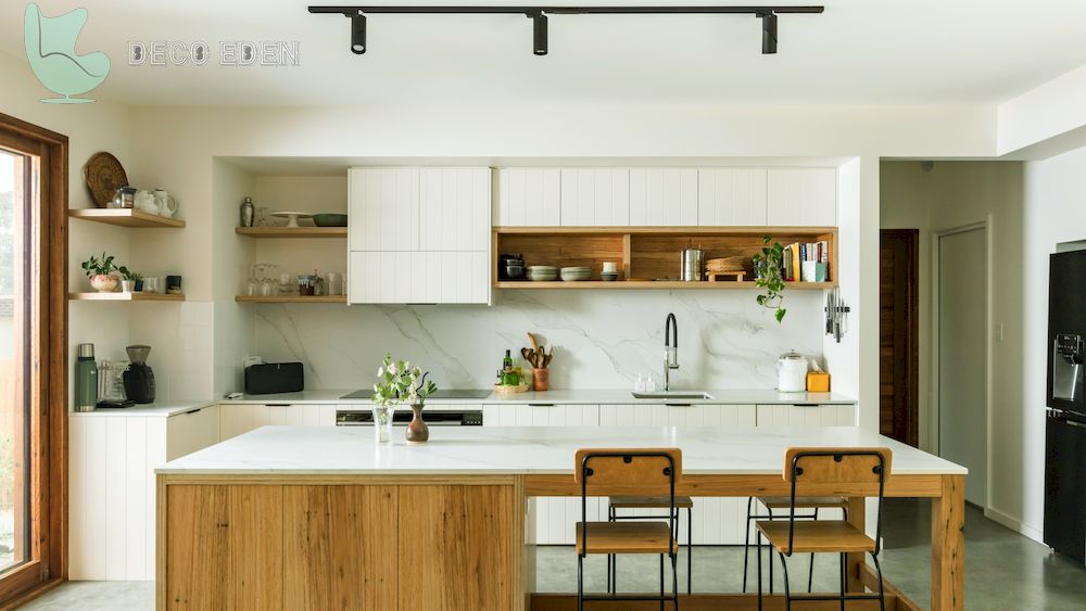 white japandi kitchen with wood centre island final