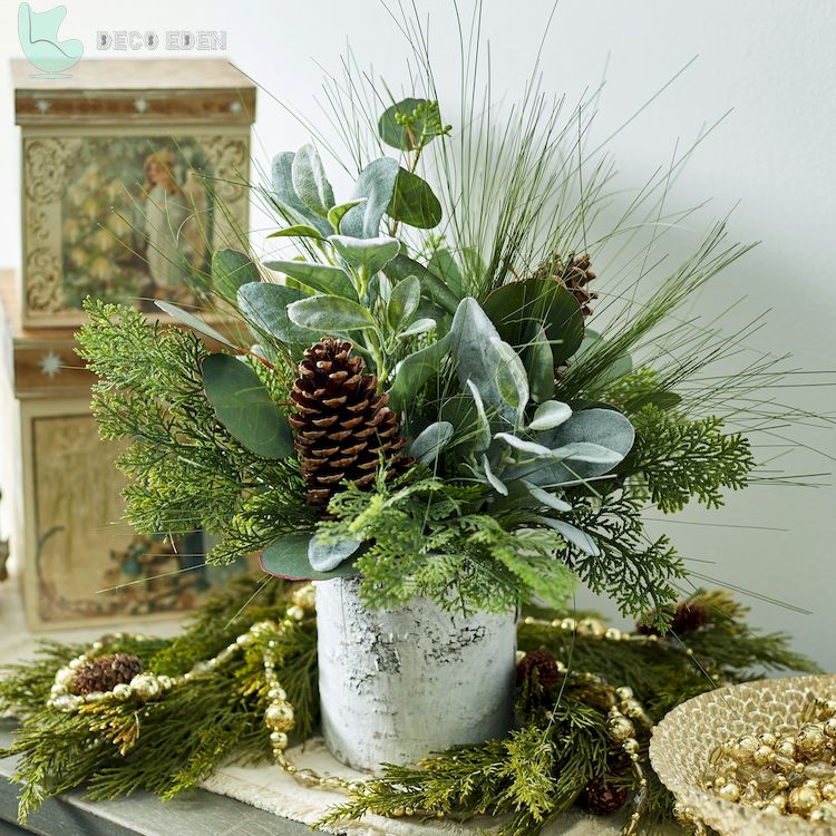 winter greenery and pinecone floral arrangements final