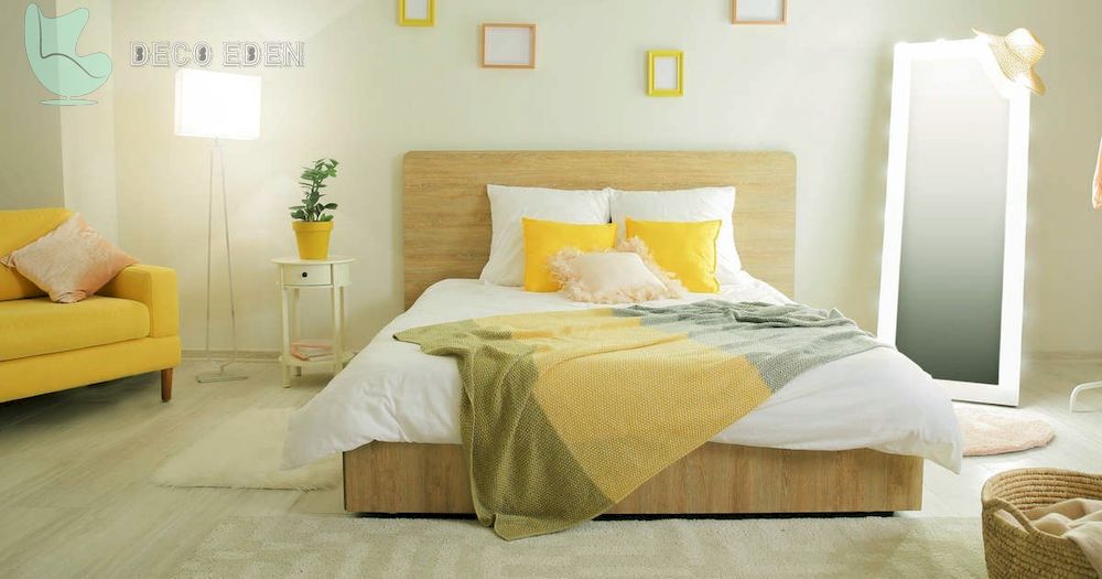 Diseño de dormitorio amarillo y beige